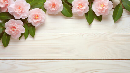 Camellias on Wooden Background, Beautiful Flowers, Spring Floral, Copy Space. Generative AI
