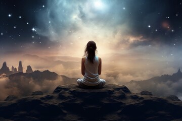 Brunette woman meditates, sitting with her back against the backdrop of beautiful cosmic nature landscape. Mystical atmosphere. Concept of filling with energy and vitality. Zen Buddhism. Mental health