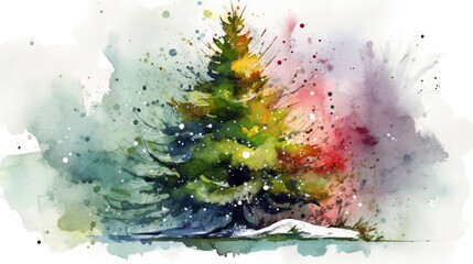 Abstract creative colorful neon watercolor brushed background with splashes, Christmas trees, firs, spruces, pines, Water color painting, multicolored drawing, brushed out motley bright xmas card art