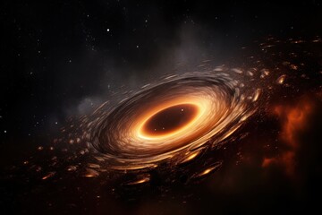 Big black hole in space in Universe, surrounded by rotating galaxies. Cosmic beauty and power. Black hole, like time vortex, absorbs and radiates light. Big Bang. Secrets of Cosmos and Universe. - obrazy, fototapety, plakaty