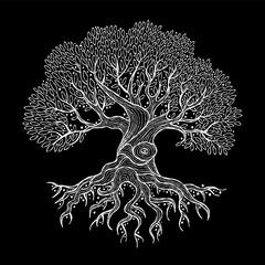 Old big family tree with roots isolated on black. Concept Art for your design. Design interior ideas.