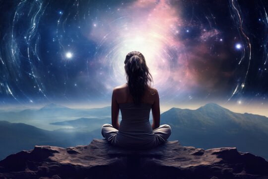 Woman meditates in yoga pose, sitting with her back amid serene cosmic landscape. Spiritual development. Concept of deep connection with the Universe, finding peace, harmony and balance. Zen Buddhism