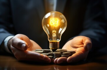 Brilliant Ideas: A Person Holding a Light Bulb and Coin - obrazy, fototapety, plakaty