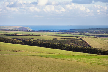 View of the South Downs and the English Channel in autumn, East Sussex, England