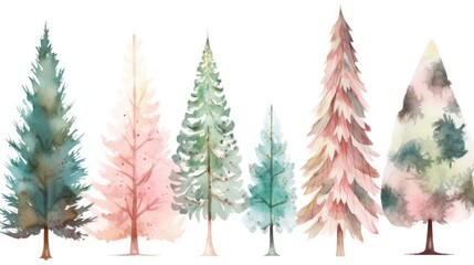 Fototapeta premium Set of pastels trees isolated on white, Christmas tree decorations, Watercolor painting, multicolored drawing art, brushed motley bright xmas card winter, Christmas tree watercolored firs and pines