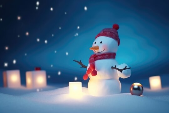 White snowman on a blue background with winter cap and winter scarf, Comic snowman on the snow, Snowman in snow, carrot nose, Snowflakes on Christmas, xmas card, snowman winter cartoon, December, Snow