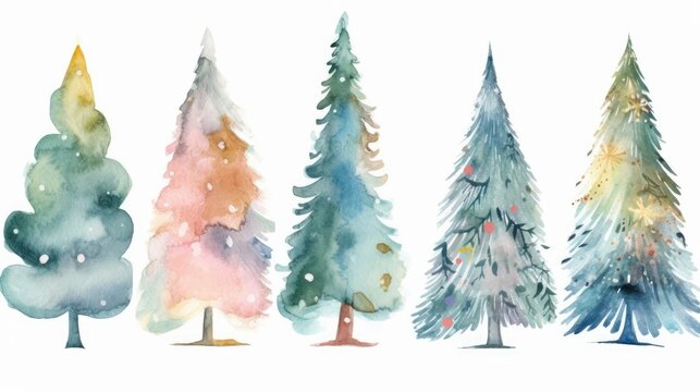 Set of pastels trees isolated on white, Christmas tree decorations, Watercolor painting, multicolored drawing art, brushed motley bright xmas card winter, Christmas tree watercolored firs and pines