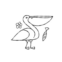 Funny pelican character isolated on white for your design. Colouring page