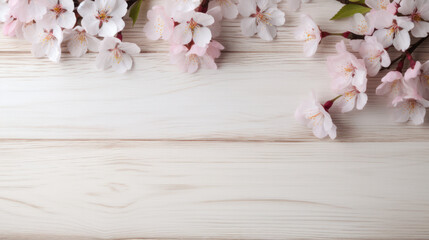 Obraz na płótnie Canvas Cherry Blossoms on Wooden Background, Beautiful Flowers, Spring Floral, Copy Space. Generative AI