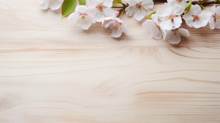 Cherry Blossoms on Wooden Background, Beautiful Flowers, Spring Floral, Copy Space. Generative AI