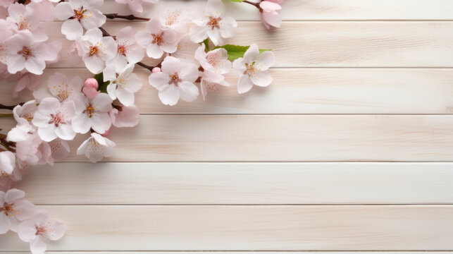 Cherry Blossoms on Wooden Background, Beautiful Flowers, Spring Floral, Copy Space. Generative AI