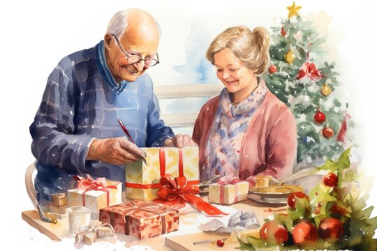 Grandma wrapping christmas presents and grandpa decorating the christmas tree, realistic watercolor, cheerful and bright, christmas theme, generative ai