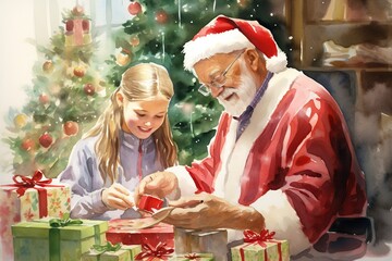 Obraz na płótnie Canvas Grandma wrapping christmas presents and grandpa decorating the christmas tree, realistic watercolor, cheerful and bright, christmas theme, generative ai
