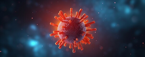 Obraz premium Single Red Glowing Coronavirus on a Dark Background, Reflecting the Pandemics Abstract Threat in the Realm of Health and Medical Dangers