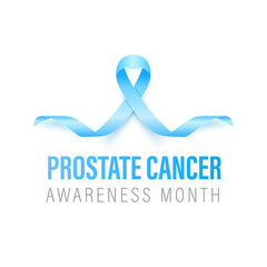 Prostate Cancer Banner, Card, Placard with Vector 3d Realistic Blue Ribbon on White Background. Prostate Cancer Awareness Month Symbol Closeup, September. World Prostate Cancer Day Concept
