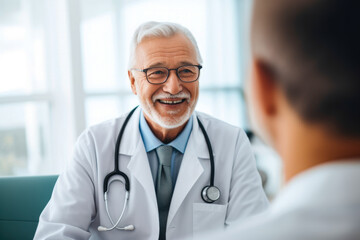Elderly male doctor with a joyful smile meeting his patient at the clinic