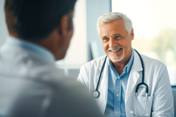 Elderly male doctor with a joyful smile meeting his patient at the clinic