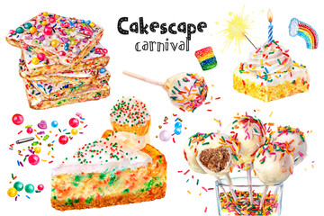 Watercolor illustration of celebrate desserts set close up. Design template for packaging, menu, postcards. PNG