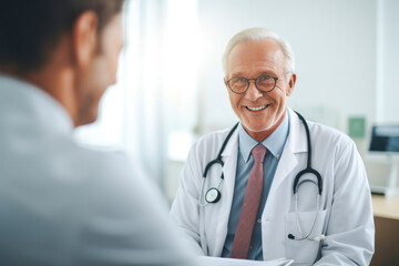 Fototapeta premium Elderly male doctor with a joyful smile meeting his patient at the clinic