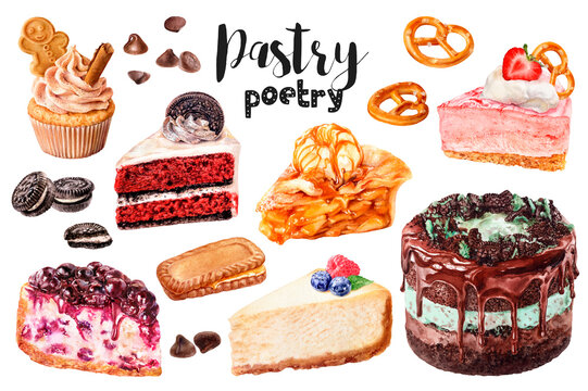 Watercolor illustration of sweet desserts set close up. Design template for packaging, menu, postcards. PNG