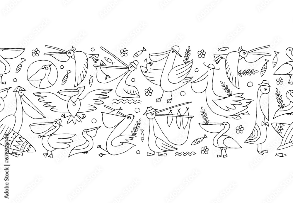 Poster Pelicans family. Funny characters. Seamless pattern background for your design. Colouring page