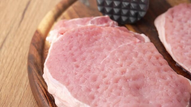 Tracking shot of Textured Pork Chops with Tenderizer.