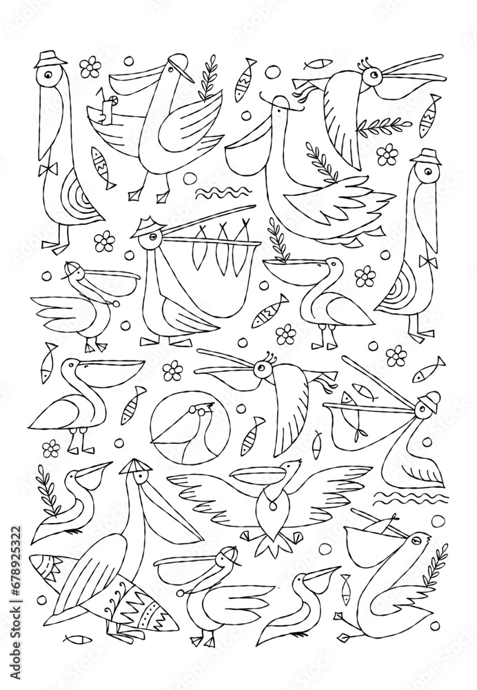 Sticker Pelicans family. Funny characters. Colouring page. Vertical frame background