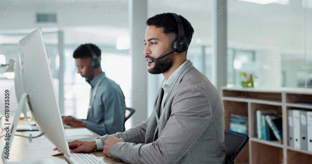 Poster call center, customer service and man on an online consultation on a computer working in the office.