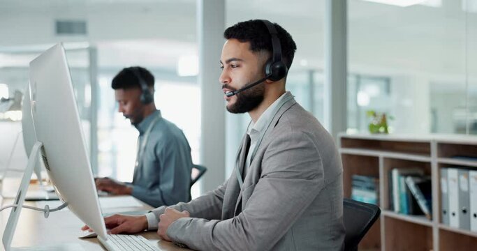 Call center, customer service and man on an online consultation on a computer working in the office. Contact us, crm and young male telemarketing consultant or agent talking for support in workplace.