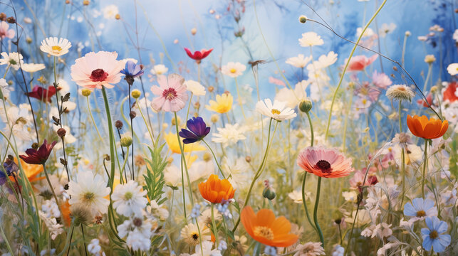 Serene meadow filled with wildflowers, each petal showcasing a different shade and pattern