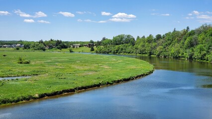 Scenic shot of a river in a green field surrounded by lush trees in St. marys Ontario, Canada