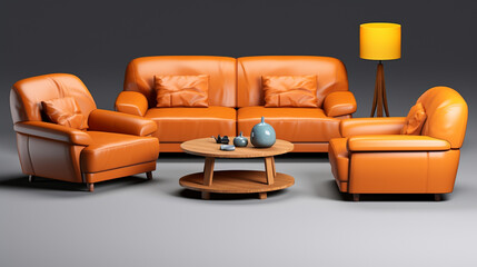 Composition with sofa and armchairs. Creative composition of living room interior. generative ai