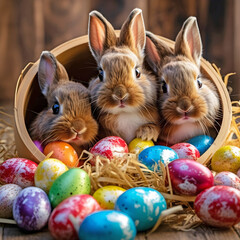 easter bunny and easter eggs. AI generated.