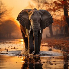  A lumbering elephant walks along a riverbank

