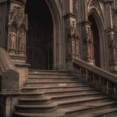 Ascending to the Majestic Gothic Cathedral: A Stunning 4K View of the Grand Staircase Leading to the Historic Place of Worship