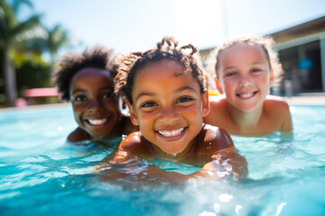 Diverse young children enjoying swimming lessons in the pool having a fun time while learning with their friends
