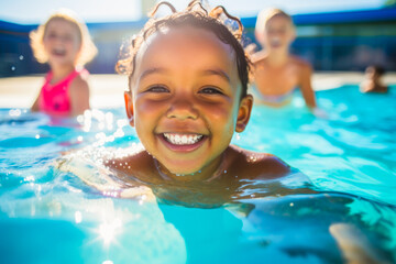 Diverse young children enjoying swimming lessons in the pool having a fun time while learning with their friends - obrazy, fototapety, plakaty