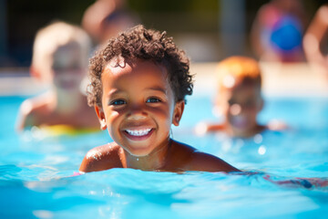 Diverse young children enjoying swimming lessons in the pool having a fun time while learning with their friends
