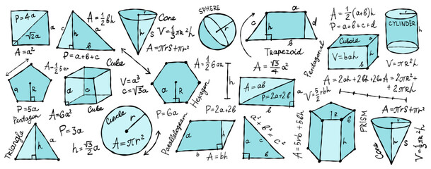 Mathematics and geometry, figures and formulas on white background. Banner for school, university and training. Symbols, cheat sheet, mathematics. Hand drawn sketch for your design