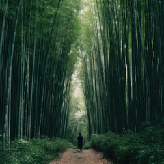 A lone figure in a bamboo forest the green stalks 
