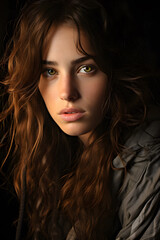 Fototapeta premium Portrait of a Stunning Young Woman with Venetian Blonde Curly Hair - AI Generated Image