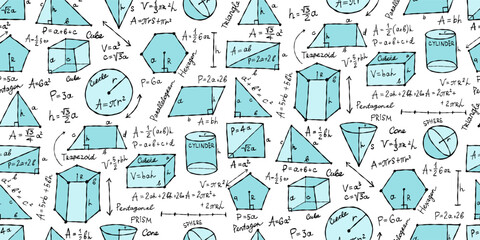 Mathematics and geometry, figures and formulas. Seamless pattern background. For school, university and training. Symbols, cheat sheet, mathematics. Hand drawn sketch for your design