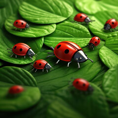 Endearing 3D ladybugs crawling on a lush green leaf 
