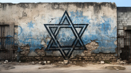 Star of David painted on old damaged building wall, symbol of Israel on street. Concept of Israeli...