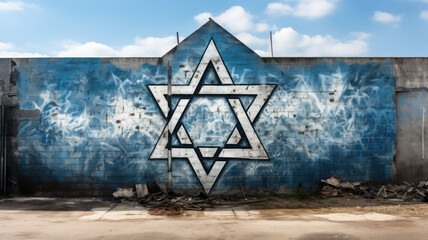 Old building wall with graffiti and Star of David, symbol of Israel painted on street. Concept of...