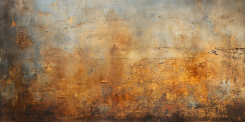 Obraz premium Worn gold paint texture, old red yellow pattern like rust on metal plate. Vintage rough golden surface, abstract antique artefact. Theme of ancient art, grunge, background, wall