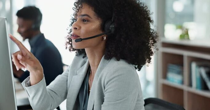 Happy woman, call center and face with headphones in customer service, support or telemarketing at computer. Friendly person, consultant or agent smile in online advice, help or contact us at office - Powered by Adobe