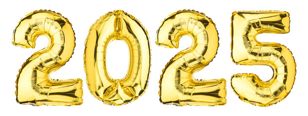 New Year 2025 celebration. Helium balloon. Golden Yellow foil color. Numbers Two 2, five 5, Zero 0. Good for Party, greeting card, Advertising, Anniversary. Isolated white background. High resolution