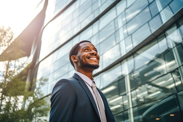Fototapeta premium Successful confident African American business manager standing in front of a corporate building, a low-angle view