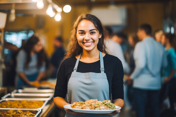 Young woman volunteering at a homeless shelter showing compassion to homeless people while helping in the soup kitchen - obrazy, fototapety, plakaty